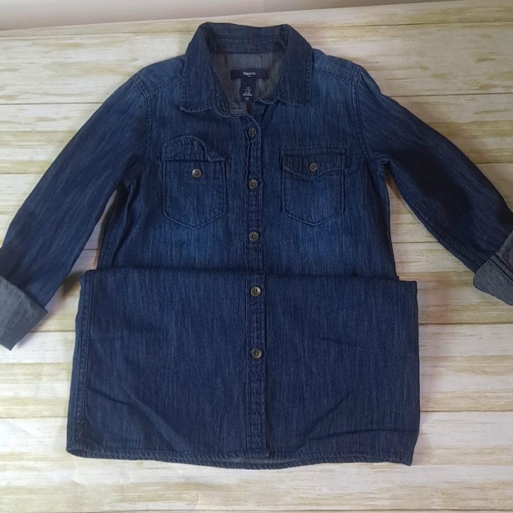 Girls Gap Denim Long Sleeve Size 7/8 Dress With 2 Front Pockets And Belt Loops.